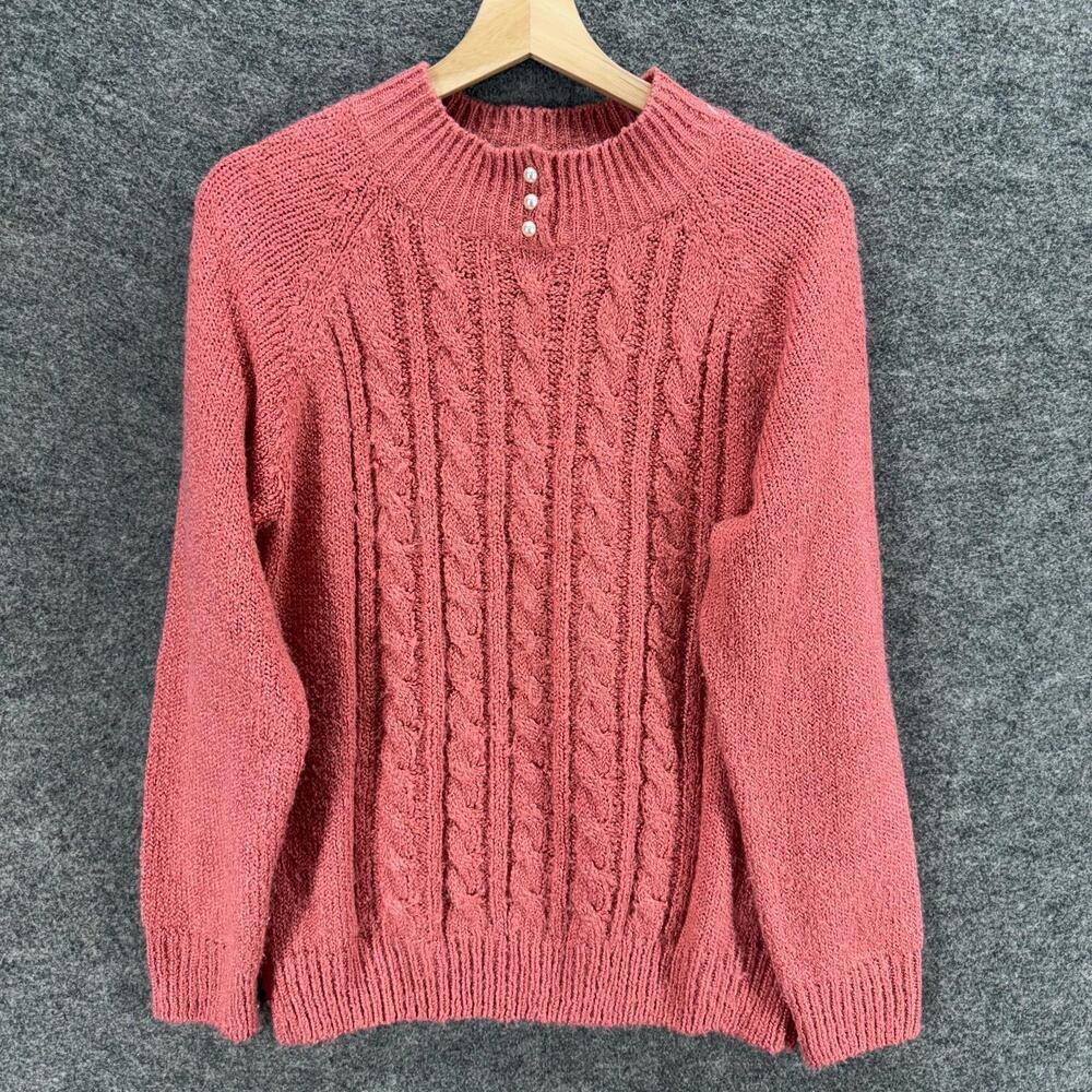 Karen Scott Rose Cable-Knit Sweater with Pearl Buttons